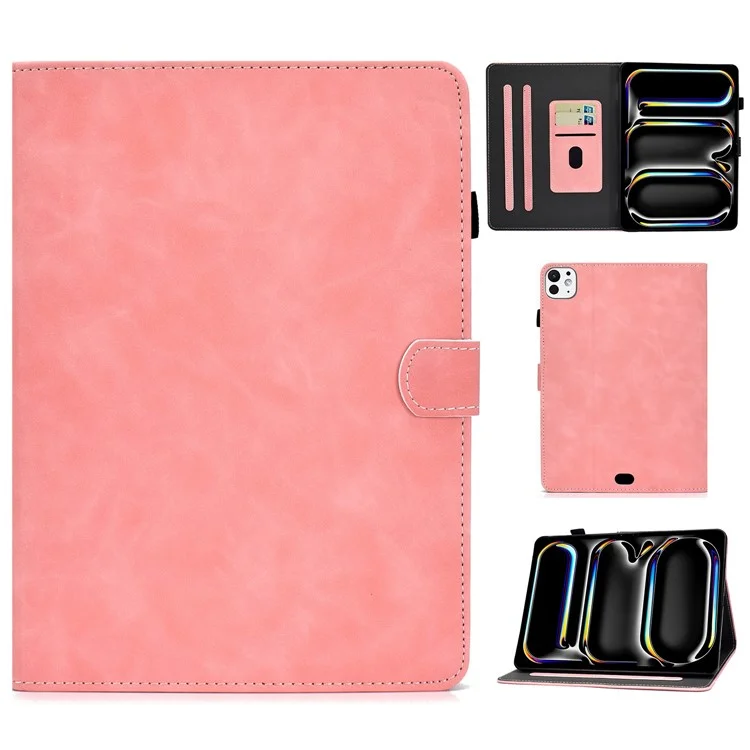 Para iPad Pro 11 (2024) Cowhide Texture PU Leather Stand Tablet Case Card Holder Cover with Pen Holder Loop - Pink