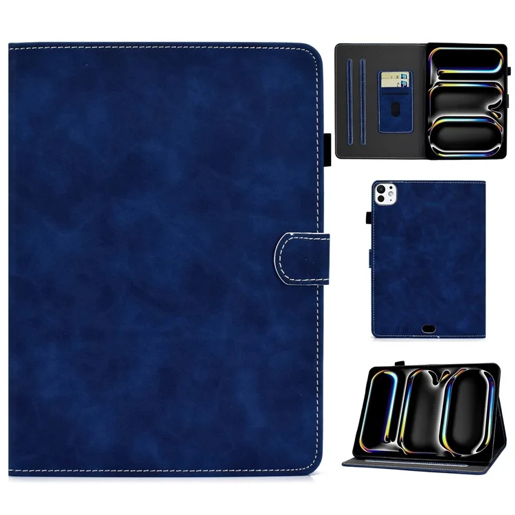Per iPad Pro 11 (2024) Custodia per tablet in pelle di vacchetta con texture, supporto e porta carte di credito con portapenna - Blu