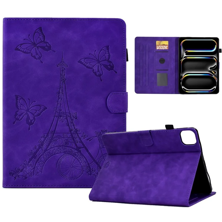 Para iPad Pro 11 (2024) Iron Tower Imprinted Cover PU Leather Tablet Case com Slots de Cartão - Roxo