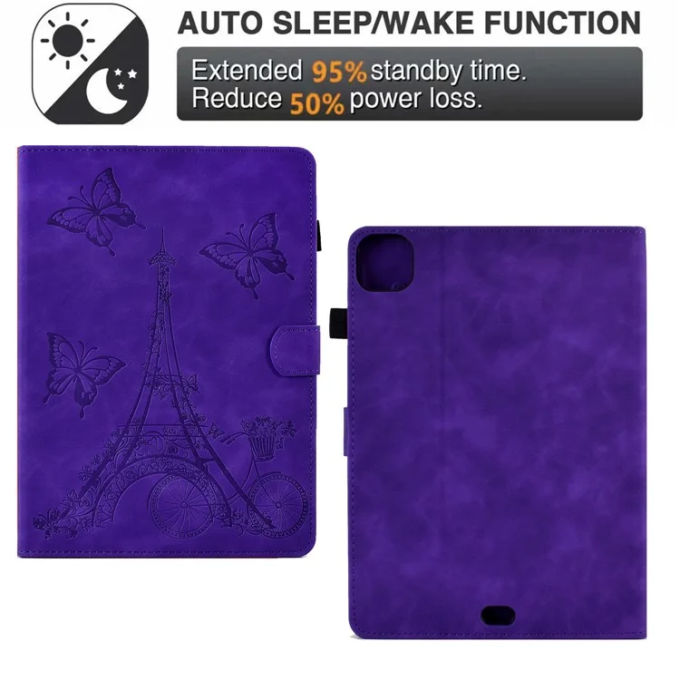 Para iPad Pro 11 (2024) Iron Tower Imprinted Cover PU Leather Tablet Case com Slots de Cartão - Roxo