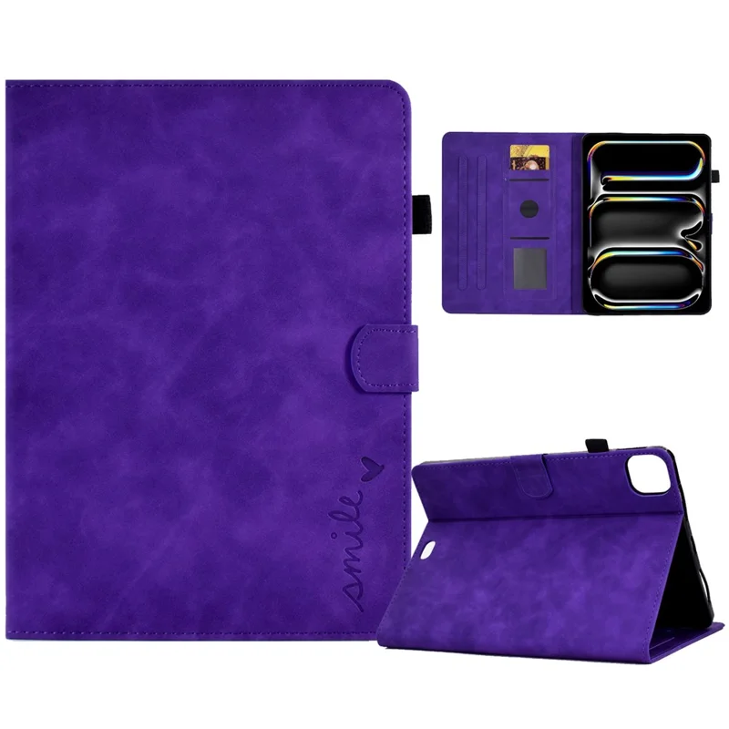 For iPad Pro 11 (2025) / 11 (2024) Case Letters Imprinted PU Leather Card Holder Tablet Cover - Purple