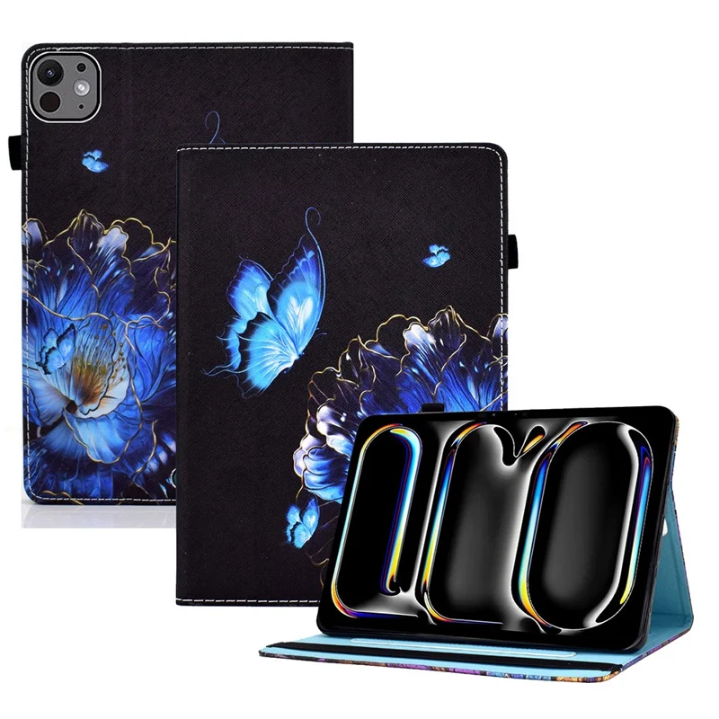 For iPad Pro 11 (2025) / 11 (2024) Leather Tablet Case Pattern Printing Elastic Band Cover with Card Slots - Flower