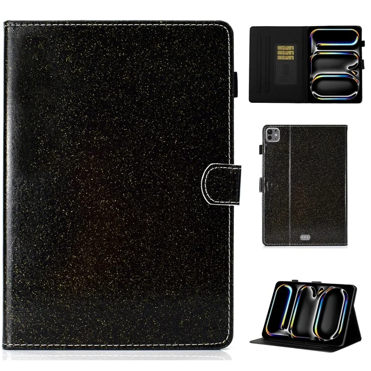 Para iPad Pro 11 (2024) Capa Slot de Cartão Suporte Brilhante Couro Sintético Capa Tablet - Preto