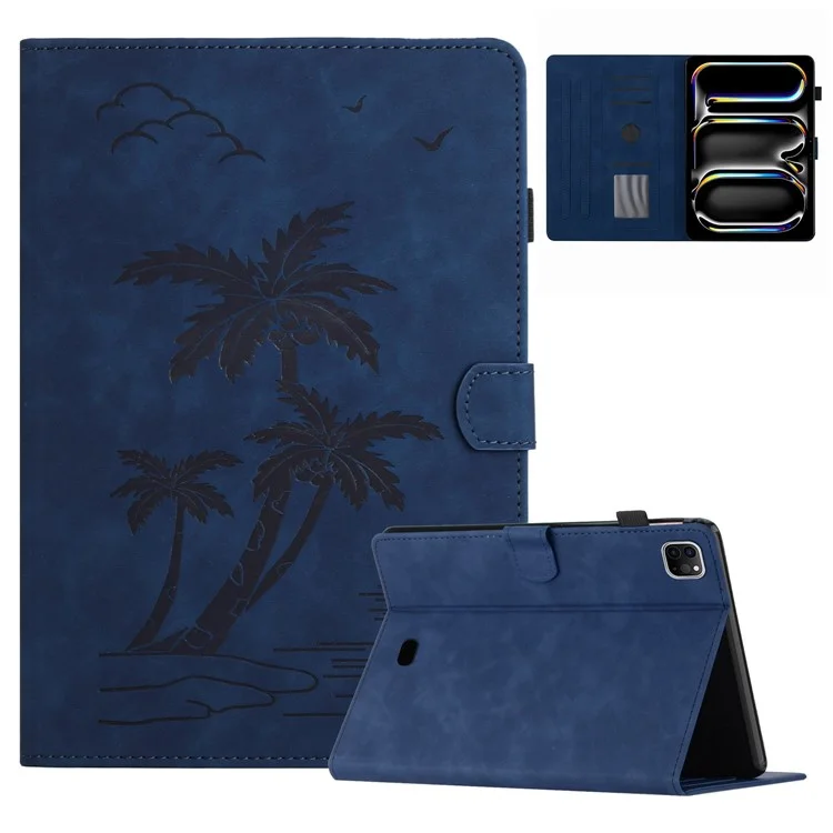 For iPad Pro 11 (2024) Case with Card Slots PU Leather Coconut Tree Smart Tablet Cover - Blue
