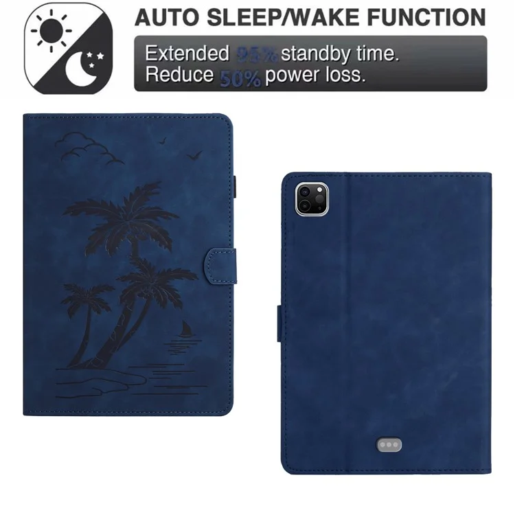 For iPad Pro 11 (2024) Case with Card Slots PU Leather Coconut Tree Smart Tablet Cover - Blue
