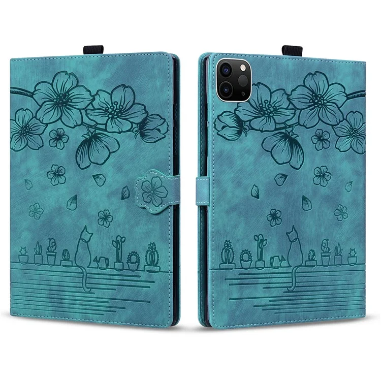 Pour iPad Pro 12.9 (2020) / (2021) / iPad Air 13 (2024) Housse Fleur Chat Motif Cuir Smart Tablet Cover - Vert