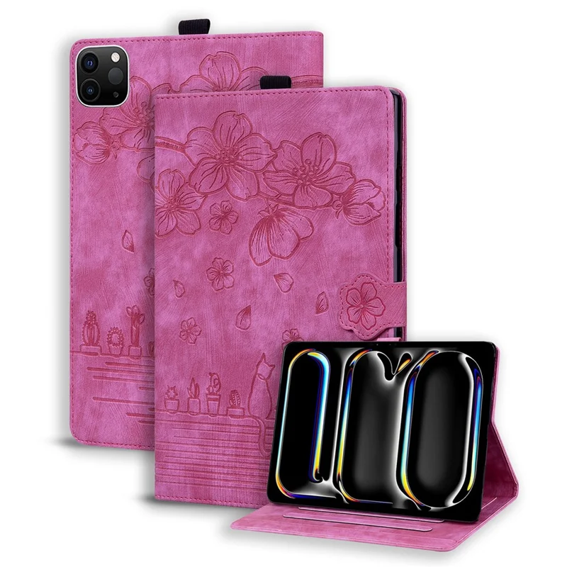 Für iPad Pro 12.9 (2020) / (2021) / iPad Air 13 (2024) Case Flower Cat Pattern Leather Smart Tablet Cover - Rose
