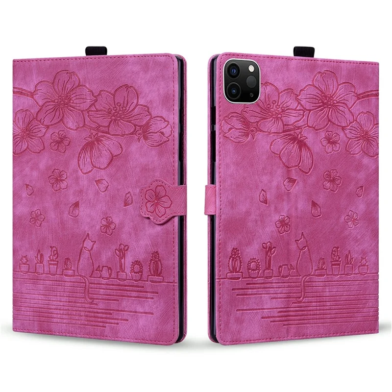 Für iPad Pro 12.9 (2020) / (2021) / iPad Air 13 (2024) Case Flower Cat Pattern Leather Smart Tablet Cover - Rose