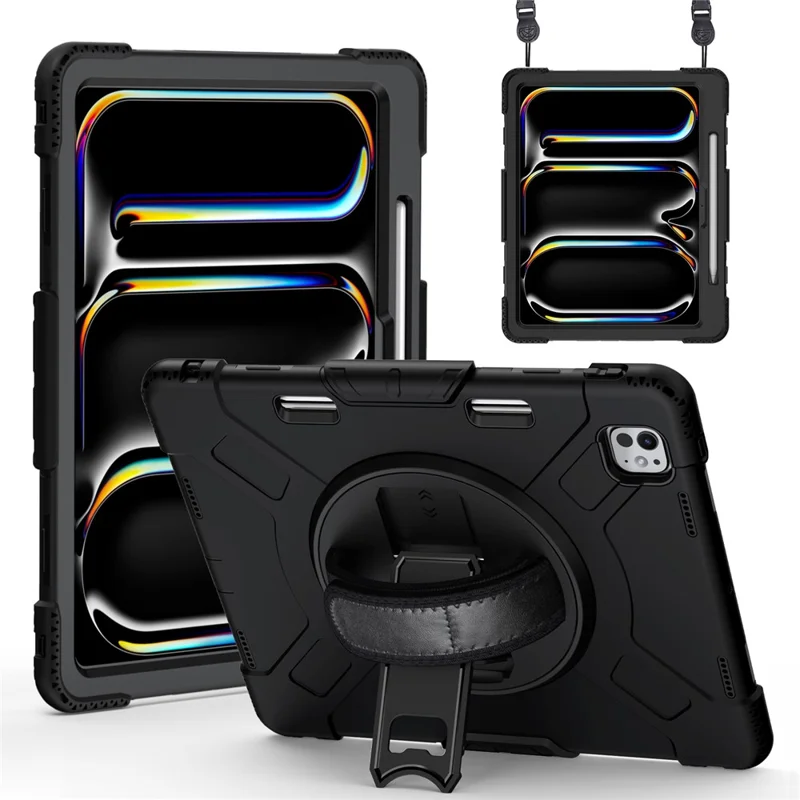 For iPad Pro 13 (2025) / 13 (2024) Kickstand Case Shockproof Tablet Cover with Shoulder Strap - Black