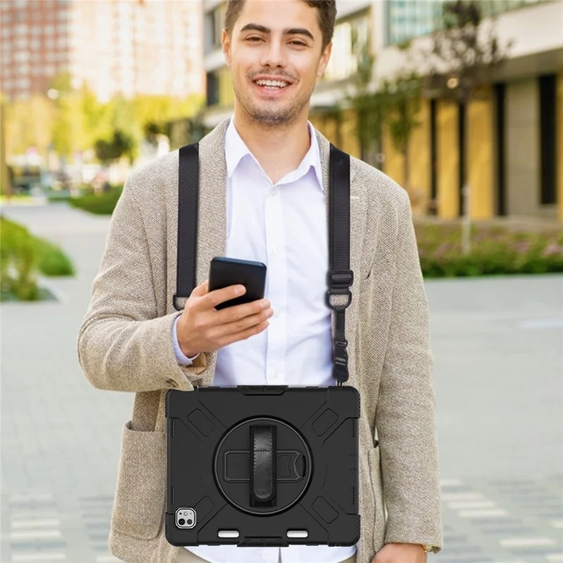 For iPad Pro 13 (2025) / 13 (2024) Kickstand Case Shockproof Tablet Cover with Shoulder Strap - Black