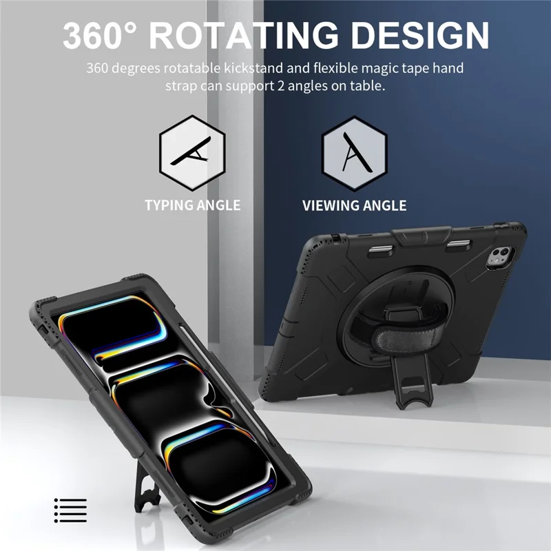 For iPad Pro 13 (2025) / 13 (2024) Kickstand Case Shockproof Tablet Cover with Shoulder Strap - Black