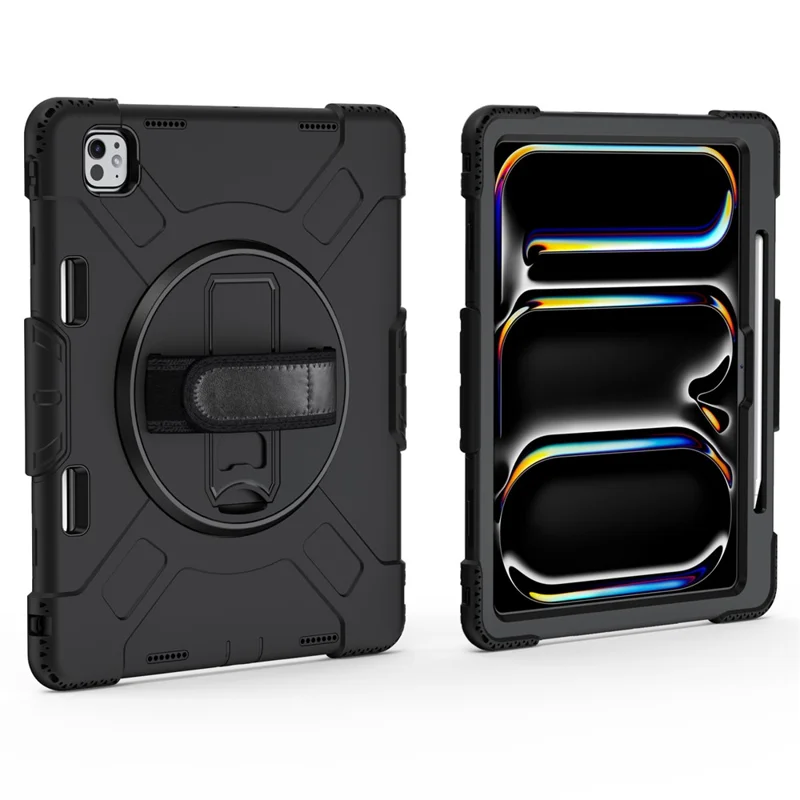 For iPad Pro 13 (2025) / 13 (2024) Kickstand Case Shockproof Tablet Cover with Shoulder Strap - Black