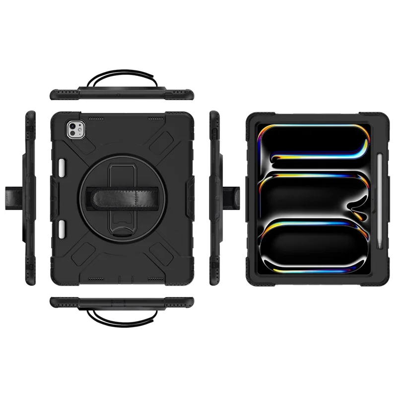 For iPad Pro 13 (2025) / 13 (2024) Kickstand Case Shockproof Tablet Cover with Shoulder Strap - Black