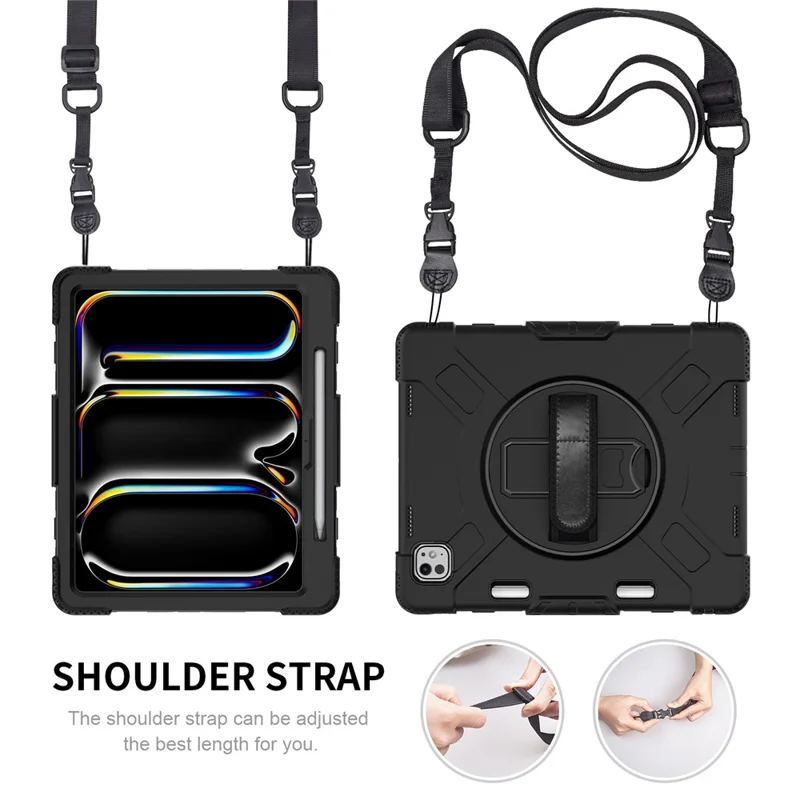 For iPad Pro 13 (2025) / 13 (2024) Kickstand Case Shockproof Tablet Cover with Shoulder Strap - Black