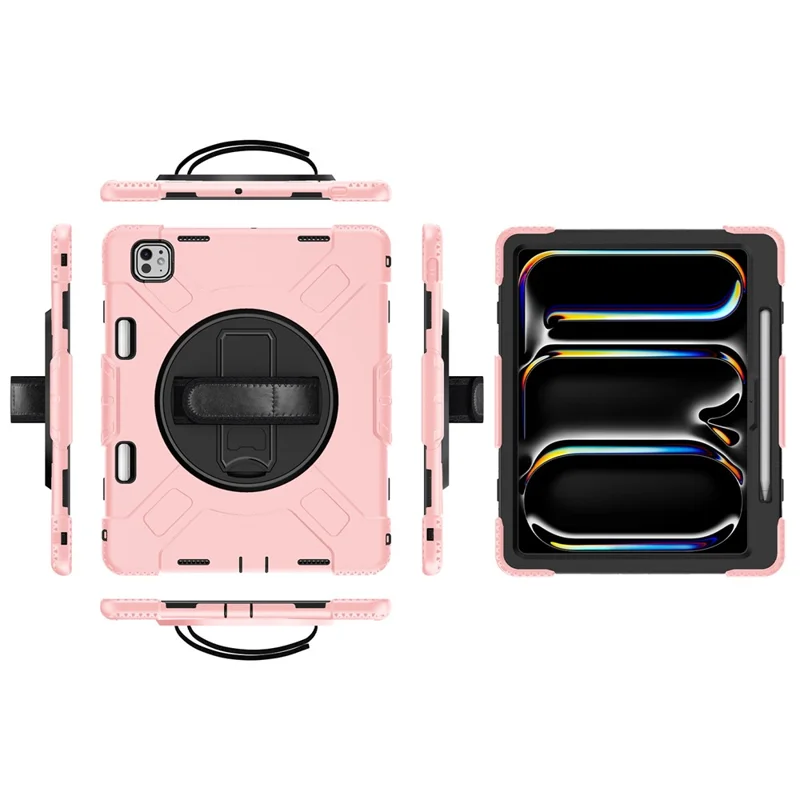 Für iPad Pro 13 (2024) Kickstand-Hülle Stoßfeste Tablet-Abdeckung mit Schultergurt - Roségold