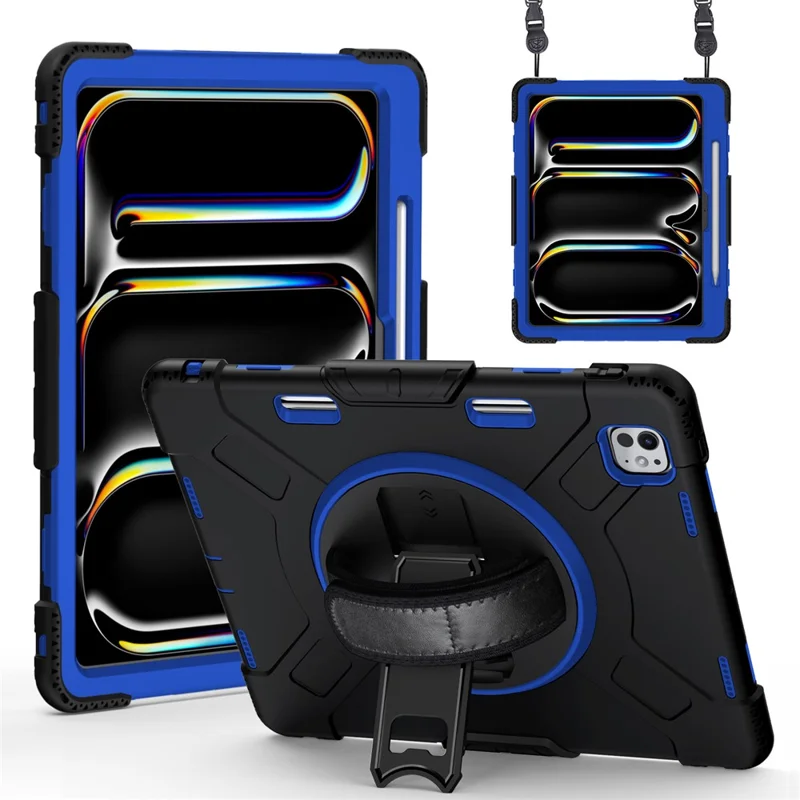 For iPad Pro 13 (2025) / 13 (2024) Kickstand Case Shockproof Tablet Cover with Shoulder Strap - Dark Blue