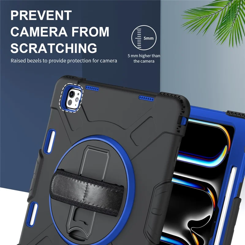 For iPad Pro 13 (2025) / 13 (2024) Kickstand Case Shockproof Tablet Cover with Shoulder Strap - Dark Blue