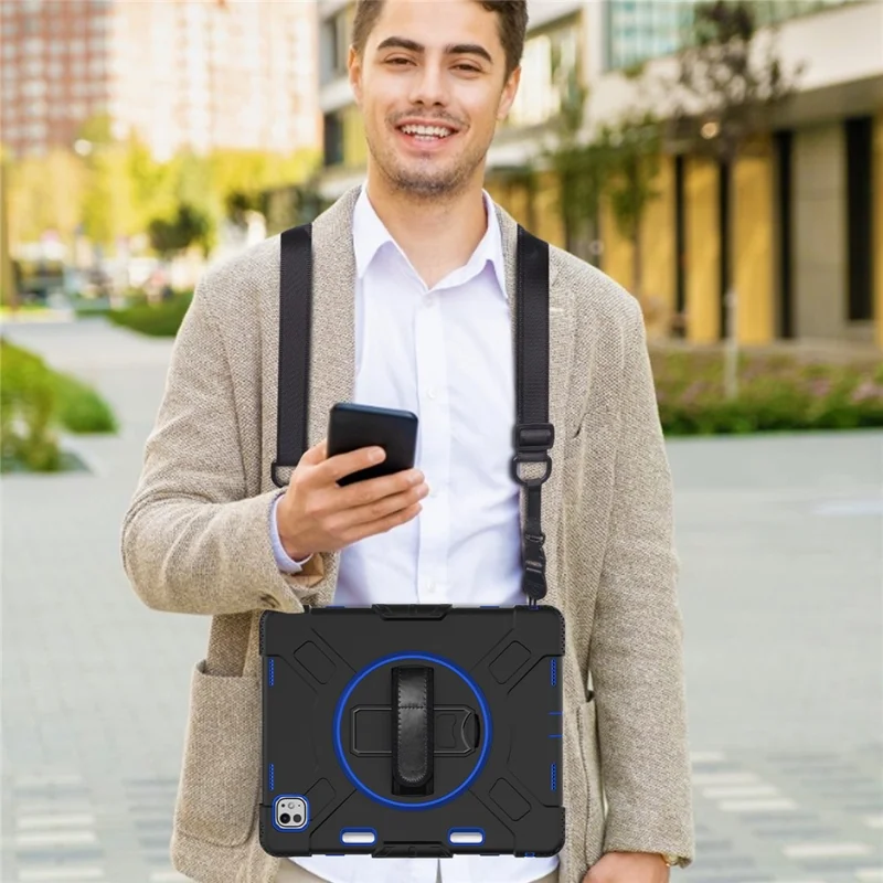 For iPad Pro 13 (2025) / 13 (2024) Kickstand Case Shockproof Tablet Cover with Shoulder Strap - Dark Blue