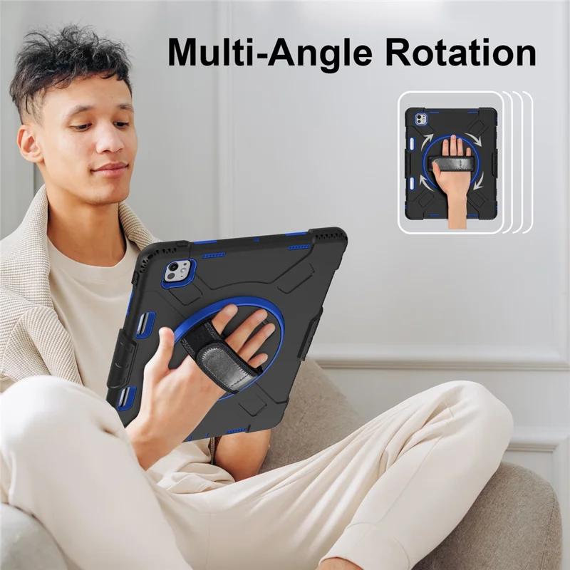 For iPad Pro 13 (2025) / 13 (2024) Kickstand Case Shockproof Tablet Cover with Shoulder Strap - Dark Blue