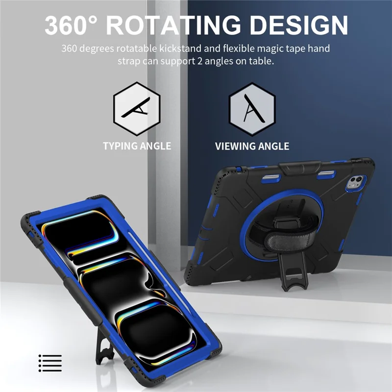 For iPad Pro 13 (2025) / 13 (2024) Kickstand Case Shockproof Tablet Cover with Shoulder Strap - Dark Blue