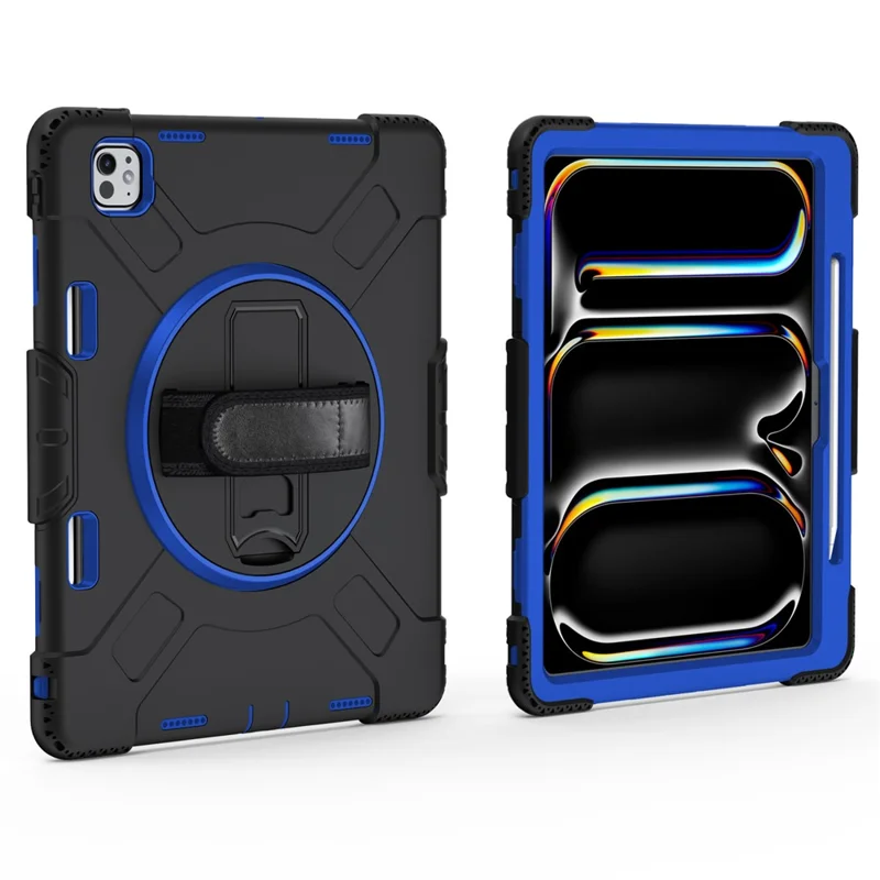 For iPad Pro 13 (2025) / 13 (2024) Kickstand Case Shockproof Tablet Cover with Shoulder Strap - Dark Blue