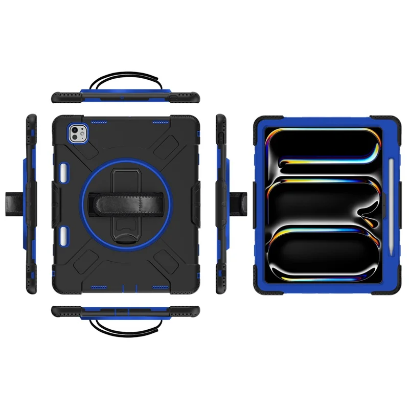 For iPad Pro 13 (2025) / 13 (2024) Kickstand Case Shockproof Tablet Cover with Shoulder Strap - Dark Blue