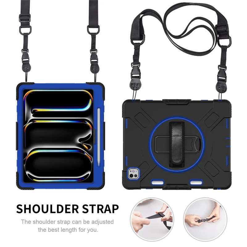 For iPad Pro 13 (2025) / 13 (2024) Kickstand Case Shockproof Tablet Cover with Shoulder Strap - Dark Blue