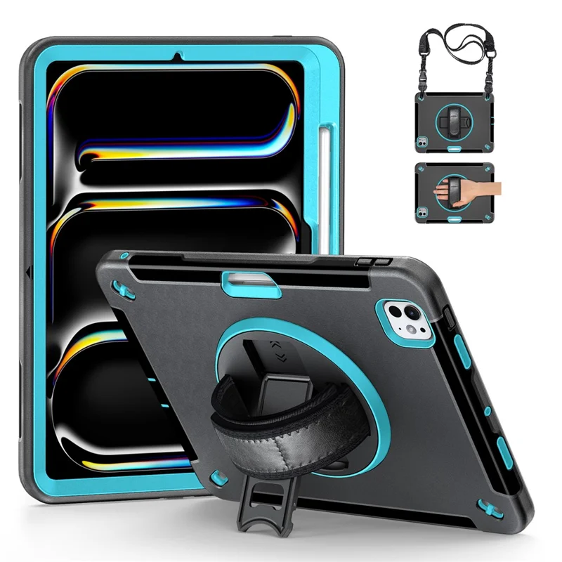 For iPad Pro 13 (2025) / 13 (2024) Case Kickstand PC + TPU Rugged Cover with Shoulder Strap - Mint Green