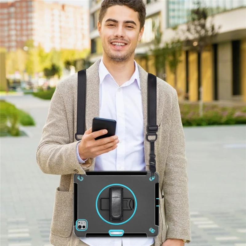 For iPad Pro 13 (2025) / 13 (2024) Case Kickstand PC + TPU Rugged Cover with Shoulder Strap - Mint Green