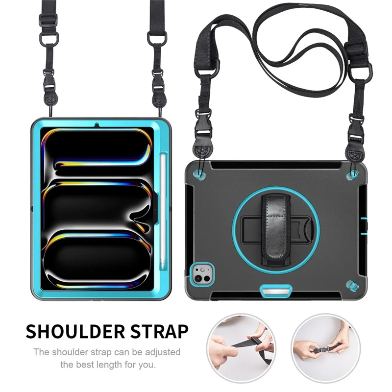 For iPad Pro 13 (2025) / 13 (2024) Case Kickstand PC + TPU Rugged Cover with Shoulder Strap - Mint Green