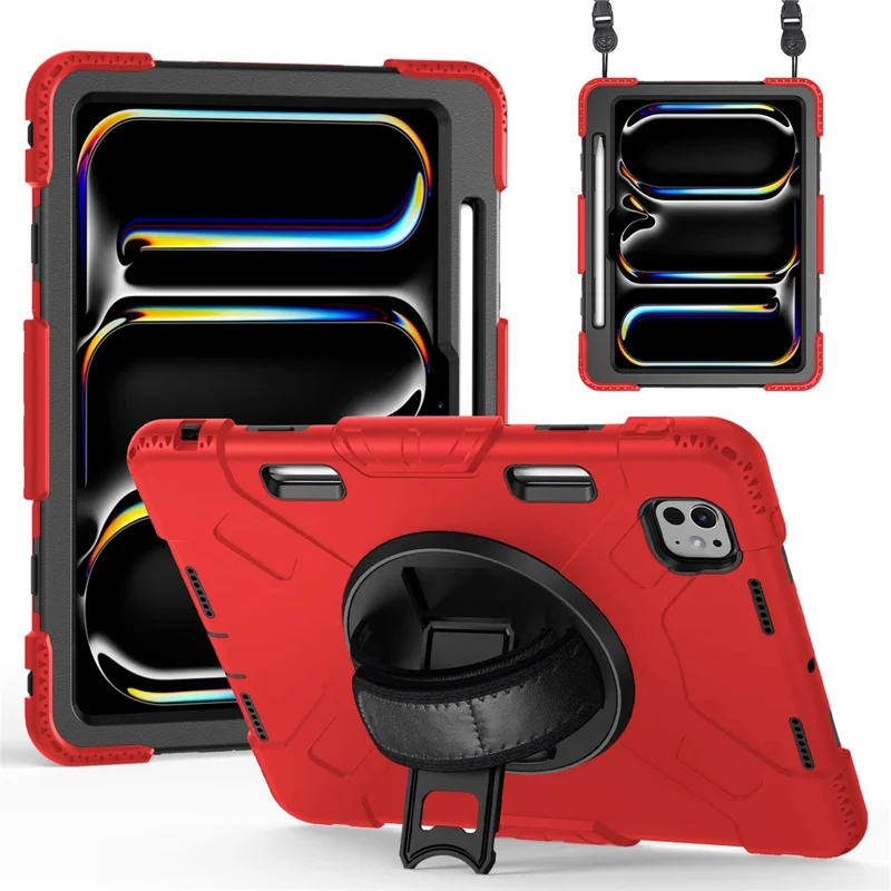 For iPad Pro 11 (2025) / 11 (2024) Kickstand Case Anti-Scratch Tablet Cover with Shoulder Strap - Red