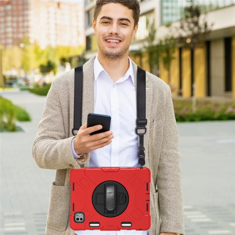 For iPad Pro 11 (2025) / 11 (2024) Kickstand Case Anti-Scratch Tablet Cover with Shoulder Strap - Red