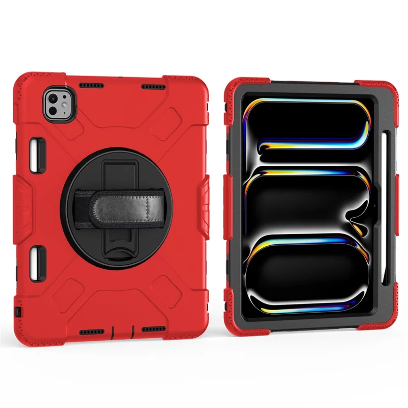 For iPad Pro 11 (2025) / 11 (2024) Kickstand Case Anti-Scratch Tablet Cover with Shoulder Strap - Red