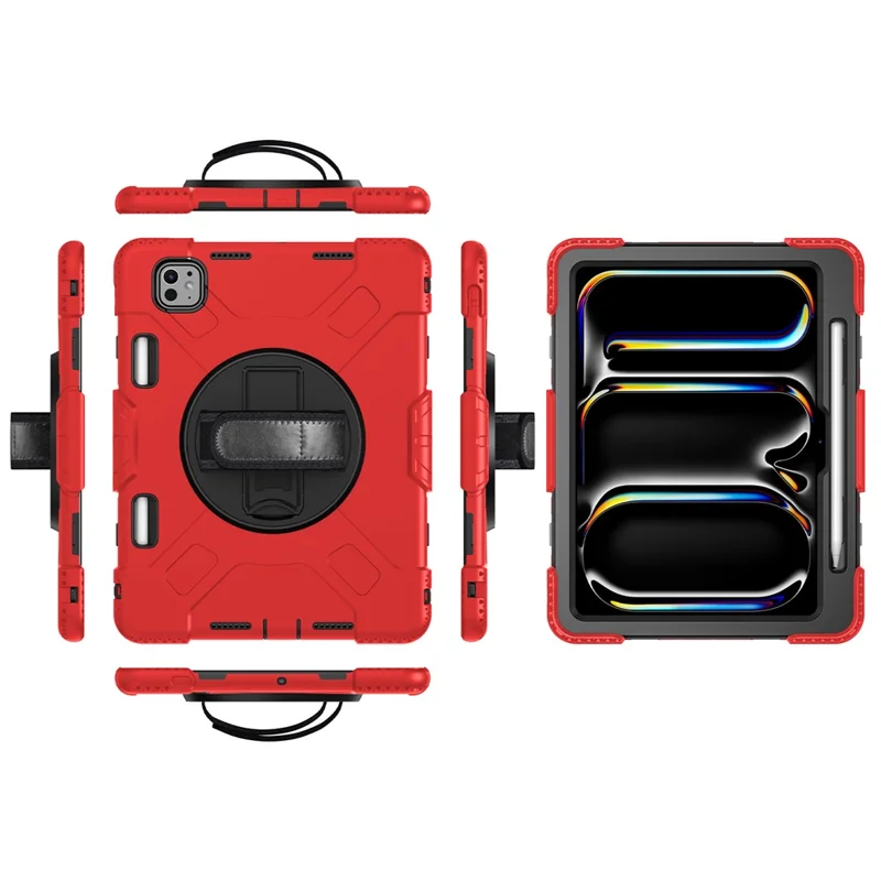 For iPad Pro 11 (2025) / 11 (2024) Kickstand Case Anti-Scratch Tablet Cover with Shoulder Strap - Red
