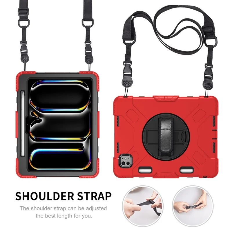 For iPad Pro 11 (2025) / 11 (2024) Kickstand Case Anti-Scratch Tablet Cover with Shoulder Strap - Red