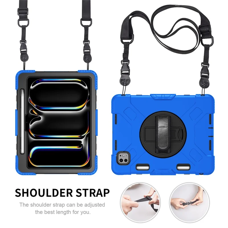 For iPad Pro 11 (2025) / 11 (2024) Kickstand Case Anti-Scratch Tablet Cover with Shoulder Strap - Blue