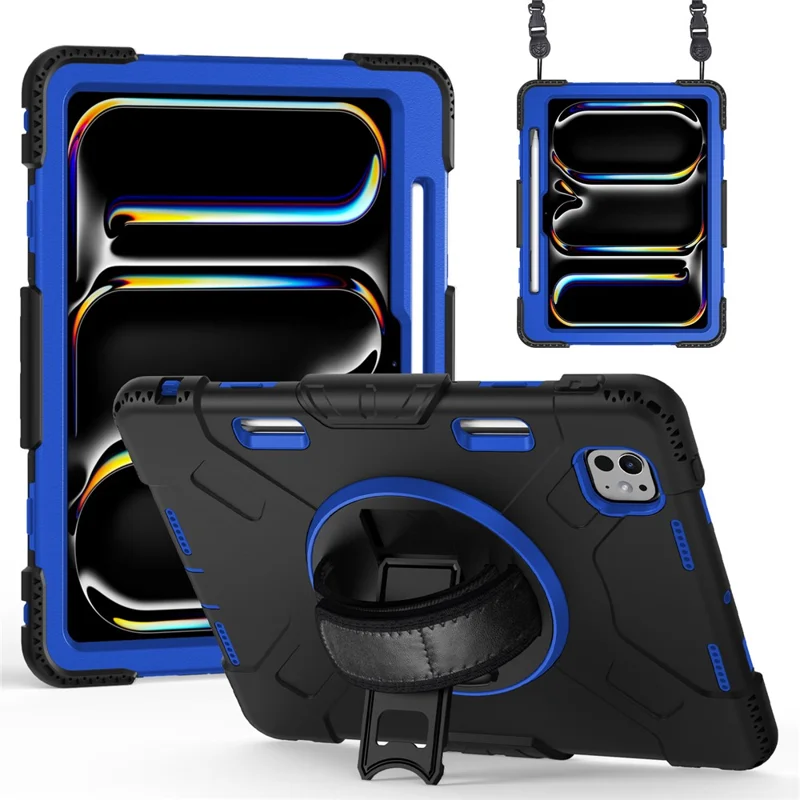 For iPad Pro 11 (2025) / 11 (2024) Kickstand Case Anti-Scratch Tablet Cover with Shoulder Strap - Dark Blue