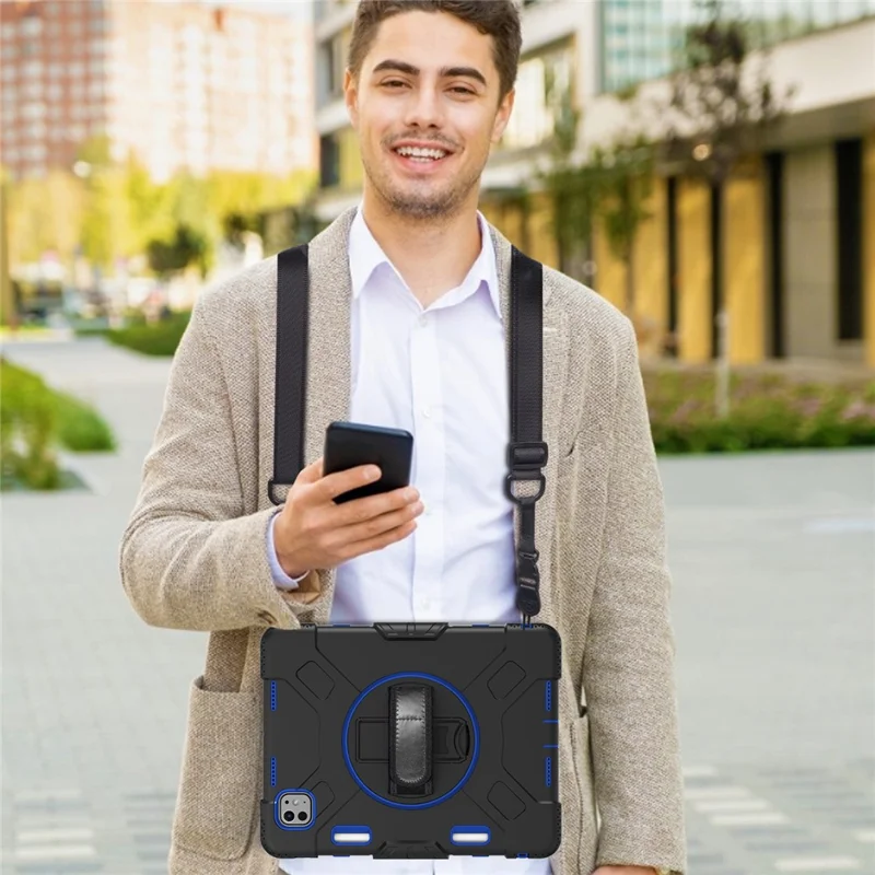 For iPad Pro 11 (2025) / 11 (2024) Kickstand Case Anti-Scratch Tablet Cover with Shoulder Strap - Dark Blue