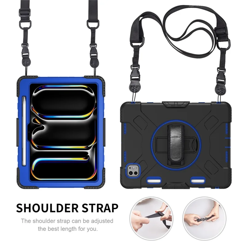 For iPad Pro 11 (2025) / 11 (2024) Kickstand Case Anti-Scratch Tablet Cover with Shoulder Strap - Dark Blue