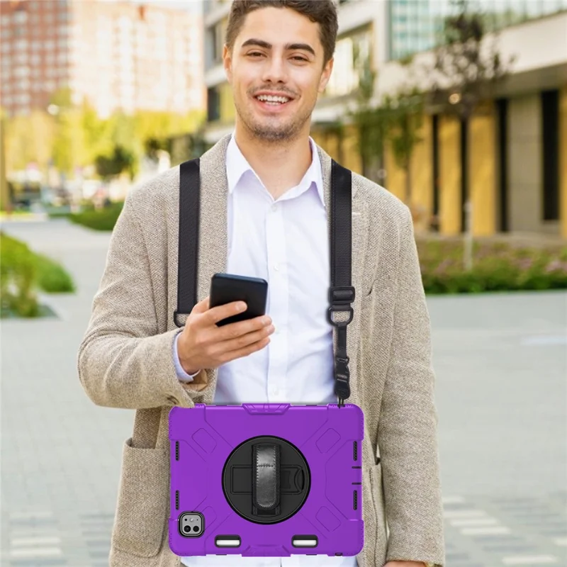 For iPad Pro 11 (2024) Coque de support Étui anti-rayures Housse pour tablette avec sangle d'épaule - Violet