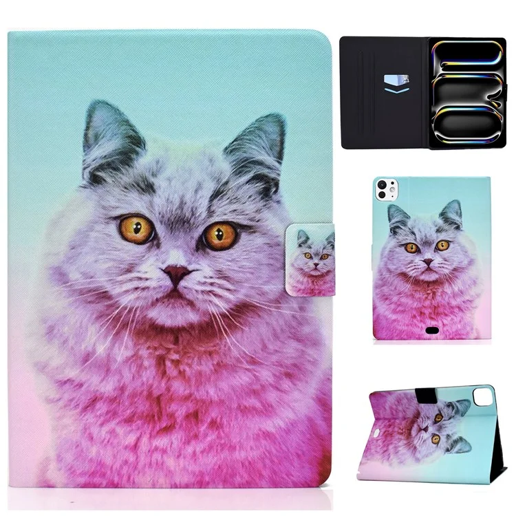 A1 For iPad Pro 11 (2024) Case Anti-Drop Card Holder Stand Leather Tablet Cover - Pink Cat