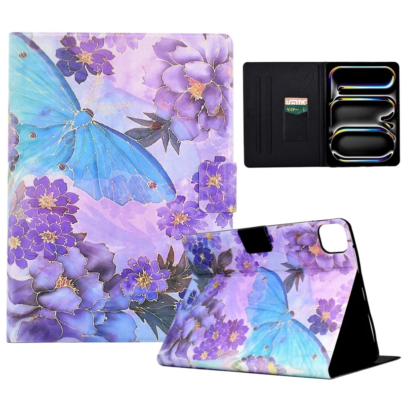 Für iPad Pro 11 (2024) Case Pattern Leder Tablet Schutzhülle Auto Sleep / Wake - Pfingstrose Schmetterling