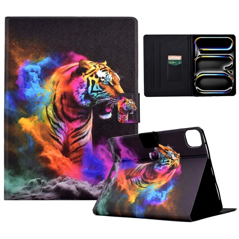 For iPad Pro 11 (2025) / (2024) Case Pattern Leather Tablet Protective Cover Auto Sleep / Wake - Colorful Tiger