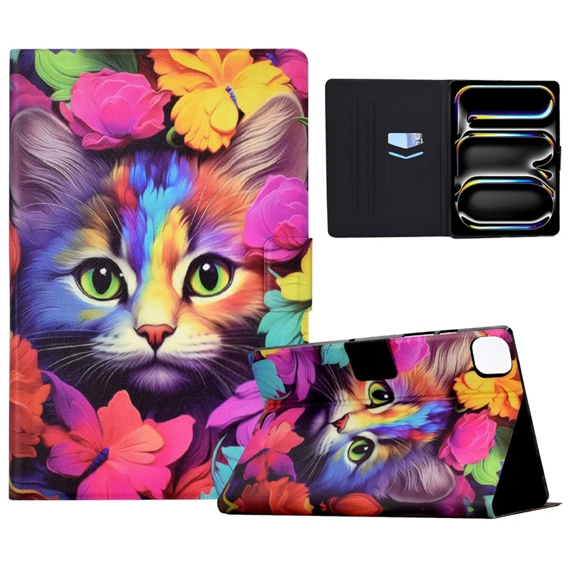 Für iPad Pro 11 (2024) Hülle Muster Leder Tablet-Schutzhülle Auto Sleep/Wake - Rose Cat