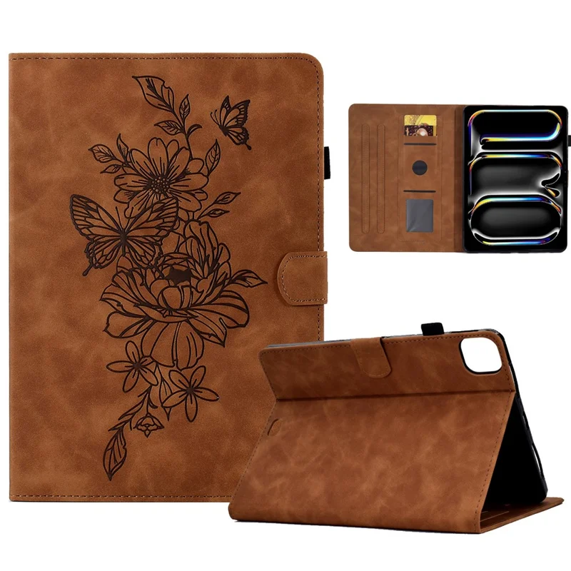 A4 For iPad Pro 11 (2025) / (2024) Case Flower Butterfly Imprinted Card Slots Leather Cover - Brown