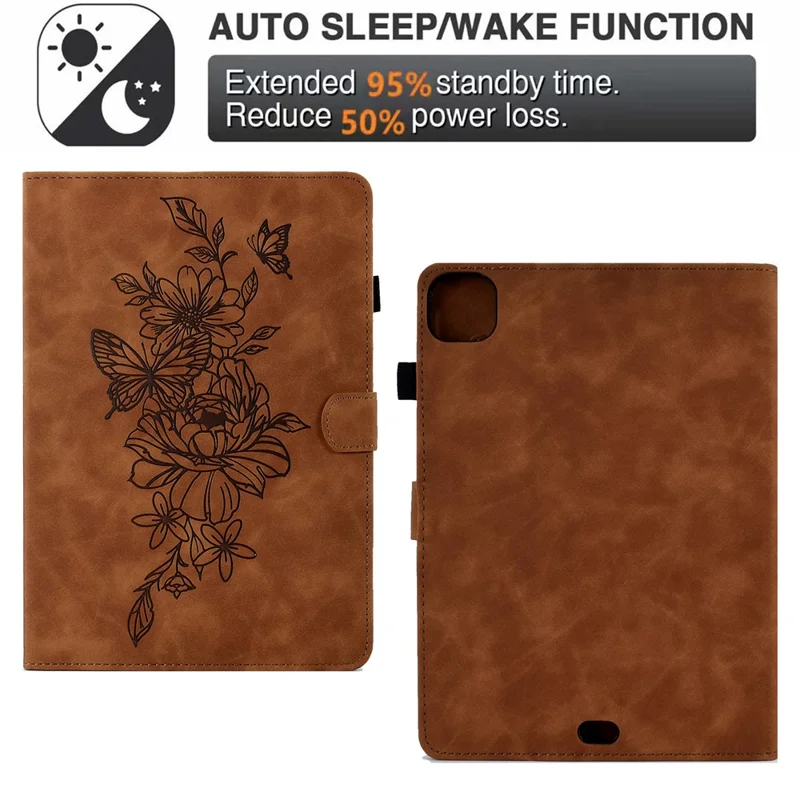 A4 For iPad Pro 11 (2025) / (2024) Case Flower Butterfly Imprinted Card Slots Leather Cover - Brown