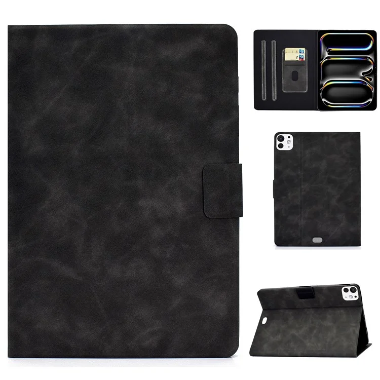 For iPad Pro 11 (2024) Case Cowhide Texture Leather Tablet Cover Multi-Angle Viewing - Black
