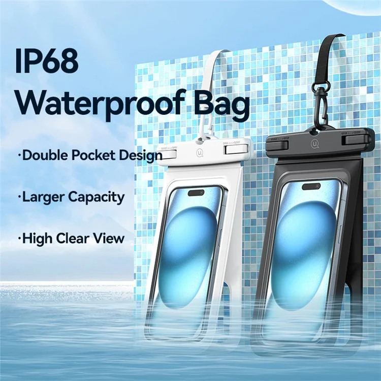USAMS YD014 IP68 wasserdichte Handytasche mit Doppelfach - Große PVC-Handytasche - Schwarz