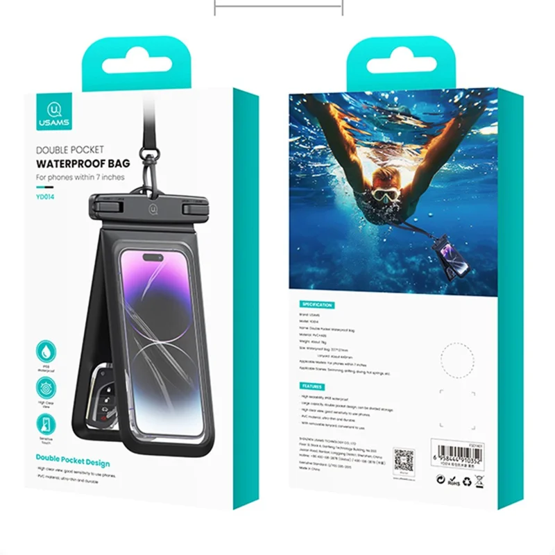 USAMS YD014 IP68 Waterproof Phone Pouch Double Space Large PVC Phone Bag Holder - Pink