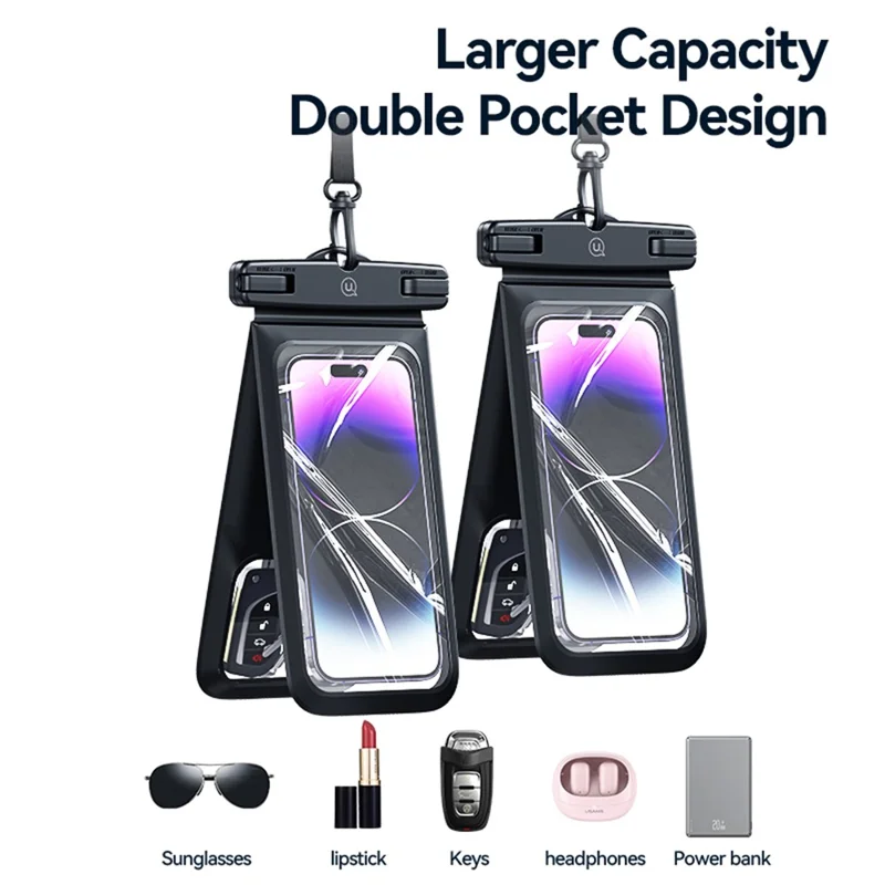 USAMS YD014 IP68 Waterproof Phone Pouch Double Space Large PVC Phone Bag Holder - Pink